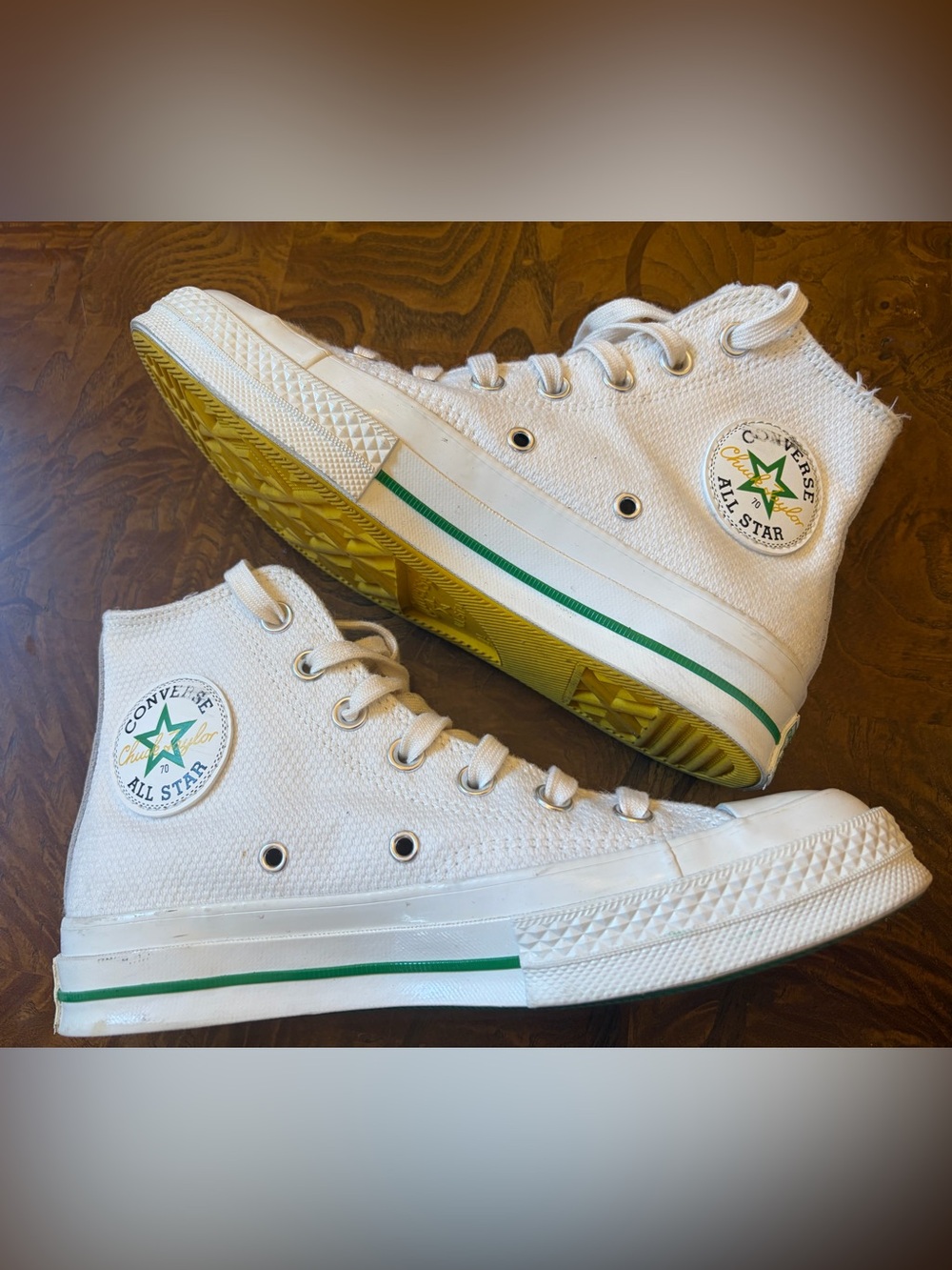Converse White High Top Sneakers with Green Stripe
